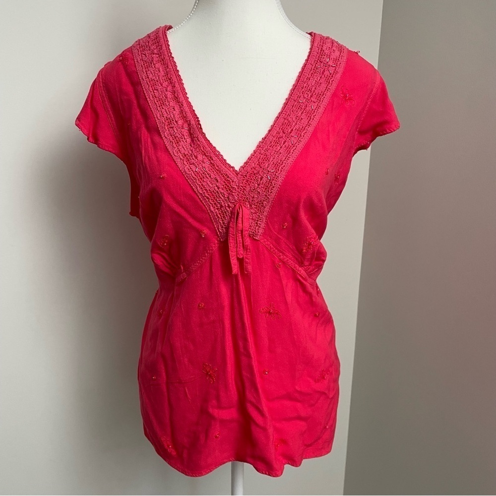 Y2K Vintage Babydoll Embroidered Tie Waist Short Sleeve Top Pink Size 14